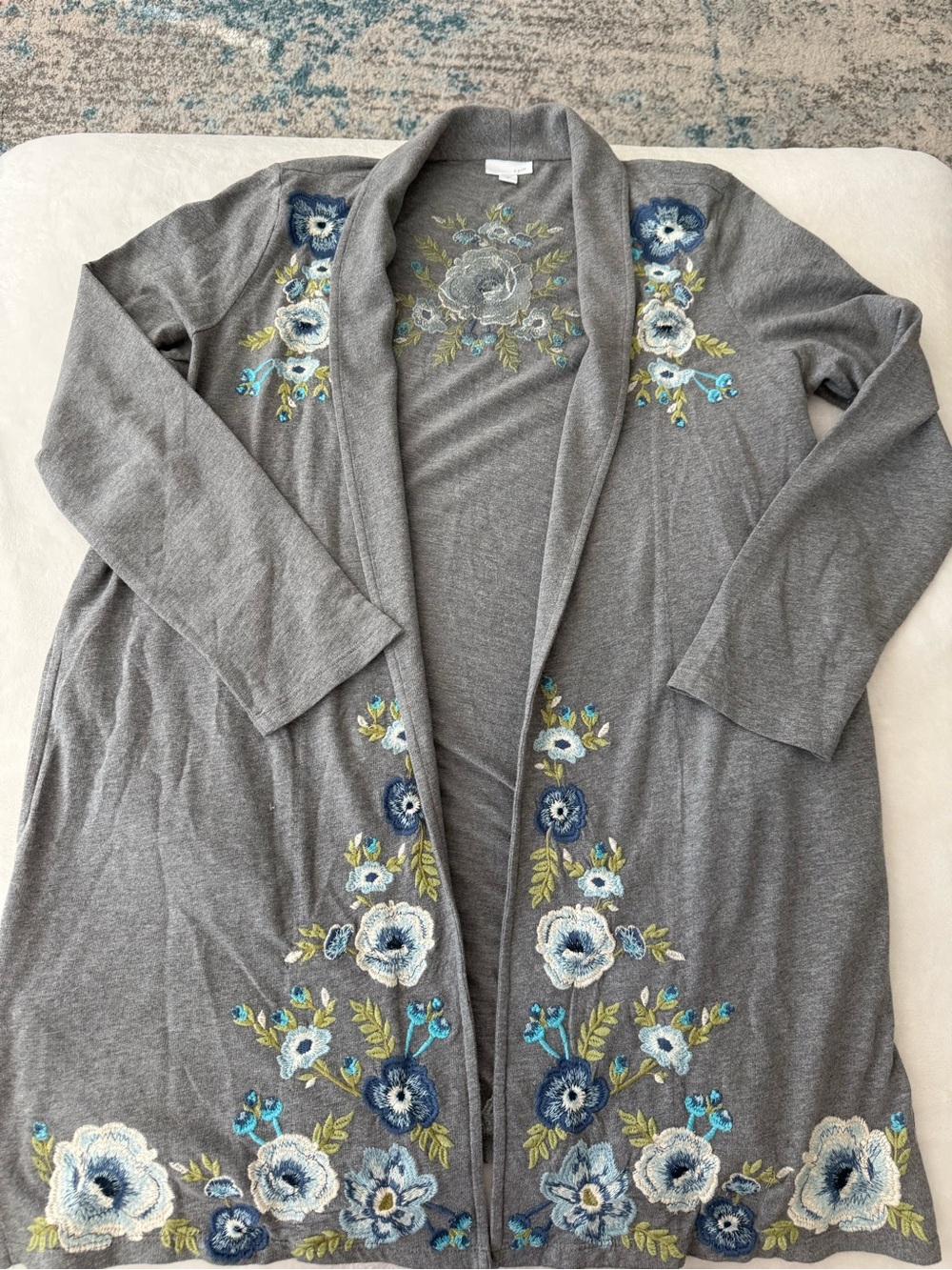 J Jill Embroidered Long Duster Cotton Cardigan Size Medium D87